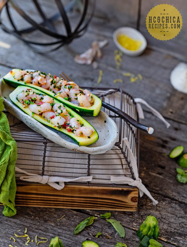 Phase 2 hCG Diet Seafood Recipe - 189 calories: Garlic Basil Shrimp in Roasted Zucchini Boats - hcgchicarecipes.com - protein + veggie meal