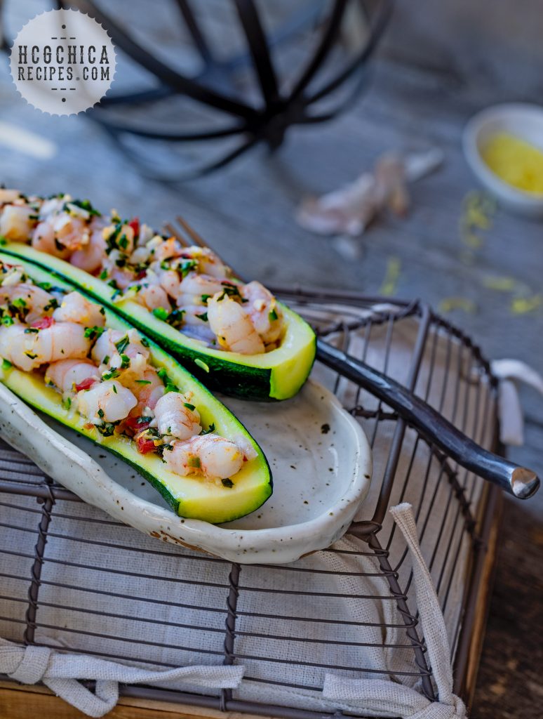 Phase 2 hCG Diet Seafood Recipe - 189 calories: Garlic Basil Shrimp in Roasted Zucchini Boats - hcgchicarecipes.com - protein + veggie meal