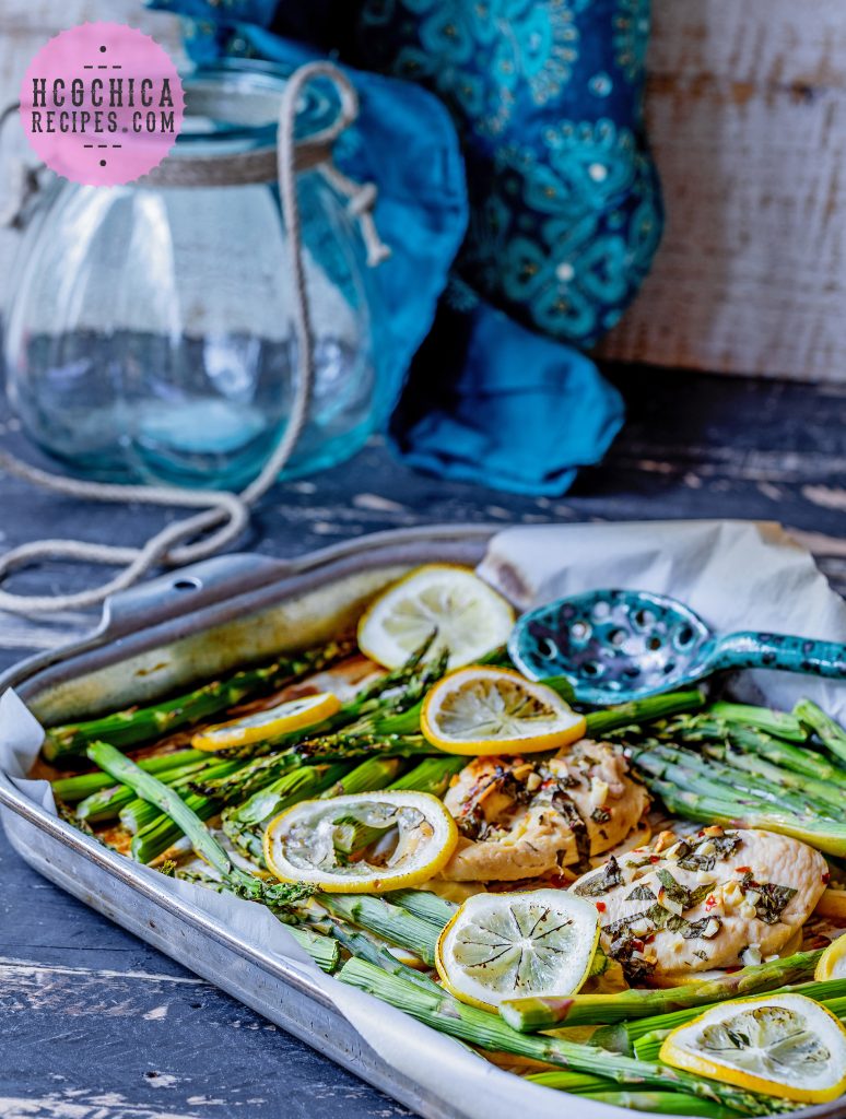 Phase 2 hCG Diet Lunch Recipe - 160 calories: Sheet Pan Garlic Lemon Chicken & Asparagus - hcgchicarecipes.com - protein + veggie meal