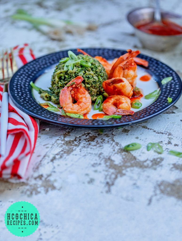 Phase 2 hCG Diet Seafood Recipe - 194 calories: Firecracker Shrimp w/ Broccoli Grits - hcgchicarecipes.com - protein + veggie meal