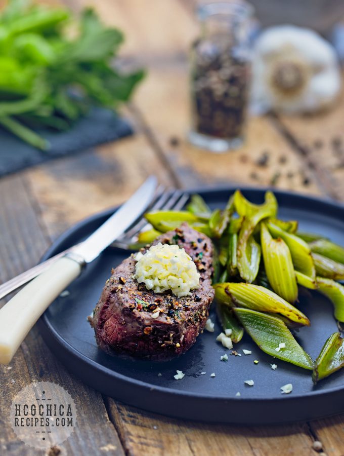 186 calories P2 hCG Diet Main Meal Recipe: Garlic Crusted Sirloin w/ Braised Celery - hcgchicarecipes.com - protein + veggie dish