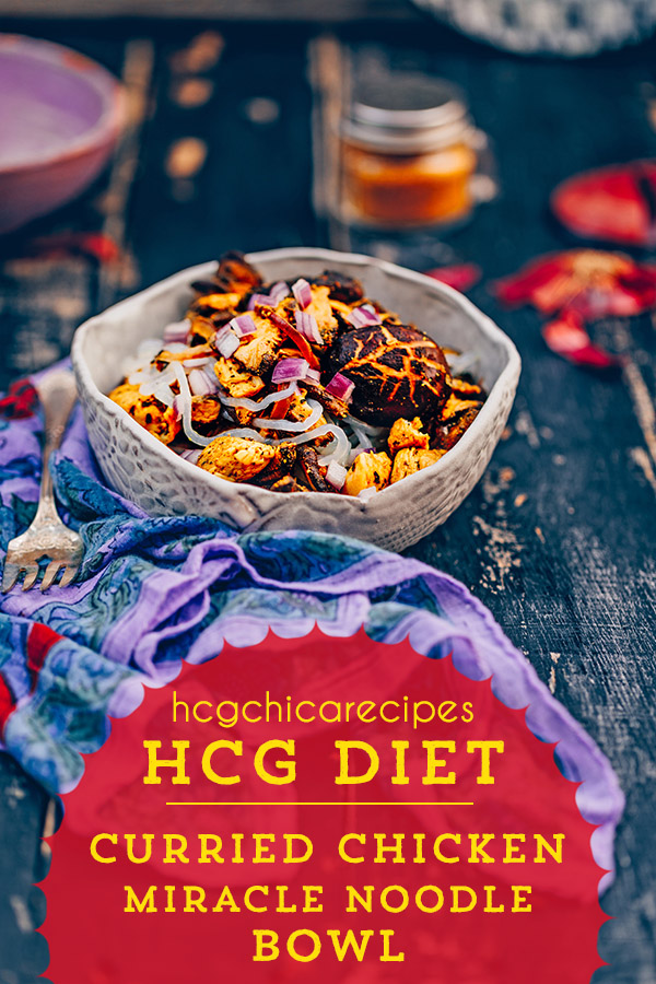 P2 hCG Diet Lunch Dinner Recipe: Curried Chicken Miracle Noodle & Mushroom Bowl - 180 calories - hcgchicarecipes.com - protein + veggie dish