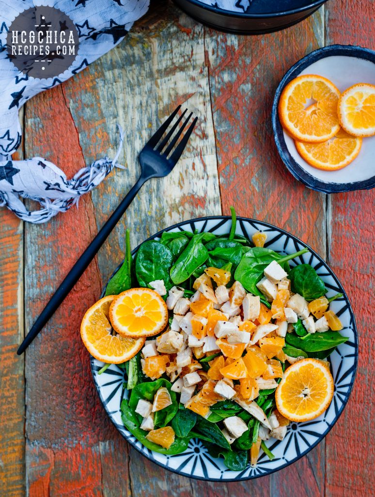 P2 hCG Diet 193 calories Lunch Recipe: Poppy Seed Chicken & Spinach Salad with Clementines - hcgchicarecipes.com - protein + veggie + fruit