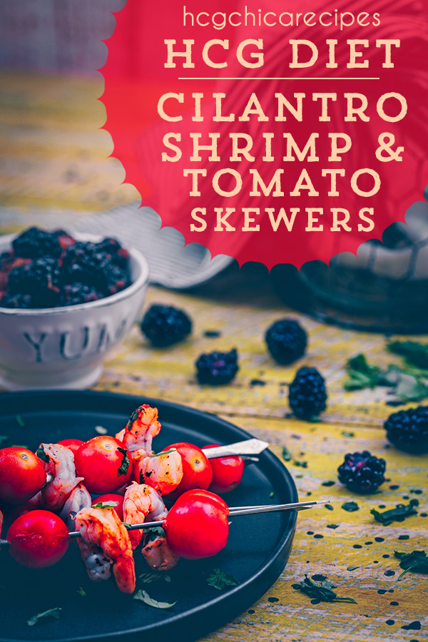 P2 hCG Diet Seafood Recipe - 181 calories: Grilled Cilantro Shrimp & Tomato Skewers with Peach Salsa - hcgchicarecipes.com - protein + veggie + fruit meal