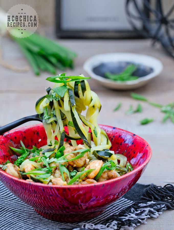 P2 hCG Diet Lunch Seafood Recipe - 151 calories: Vietnamese Caramel Shrimp with Cucumber Noodles - hcgchicarecipes.com - protein + veggie meal
