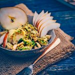 p2 hCG Diet Main Meal Recipe - 228 calories - Shaved Brussels Sprouts Chicken & Pear Salad - hcgchicarecipes.com - protein + veggie + fruit dish