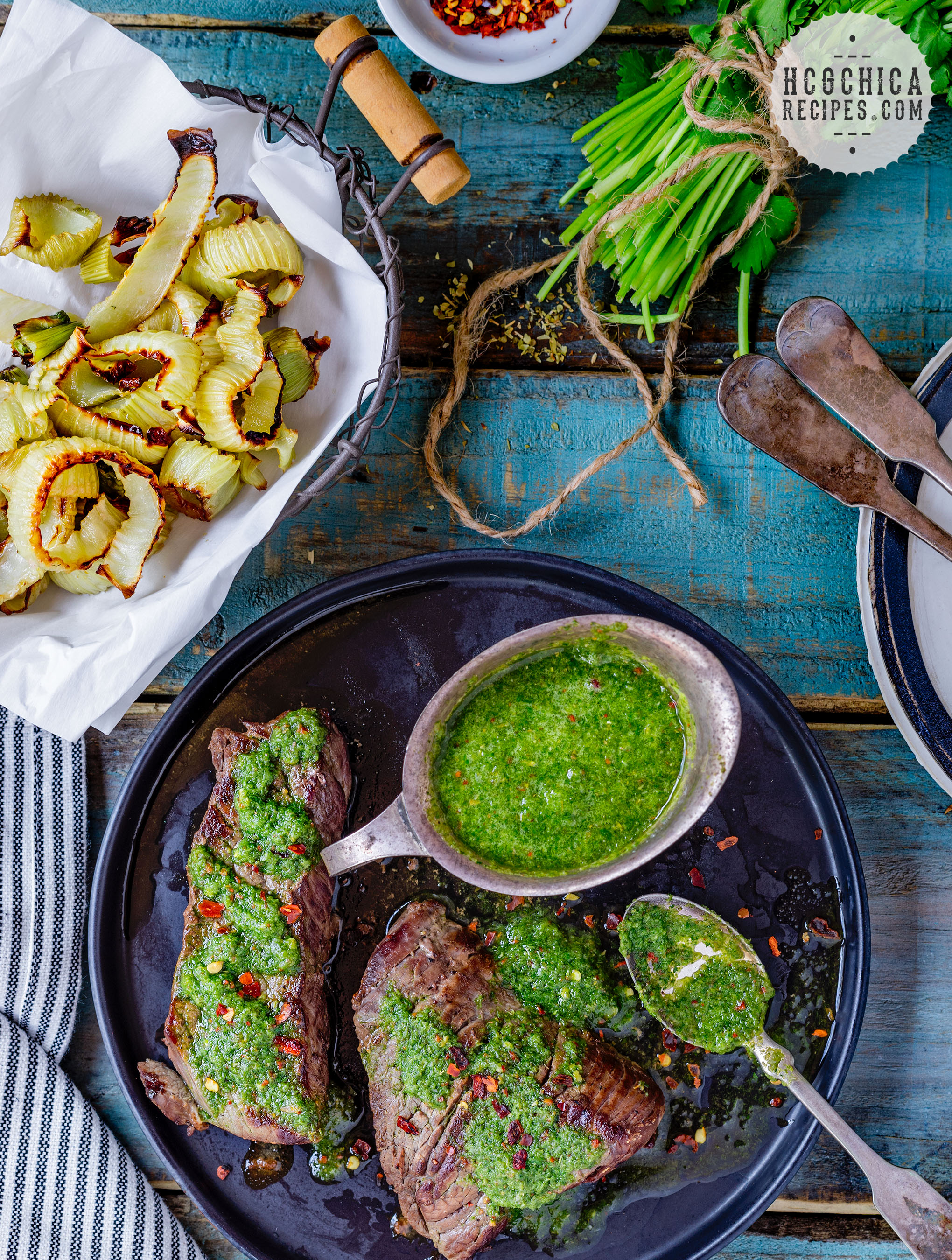 P2 hCG Diet Beef Recipe - 190 calories: Sirloin Chimichurri & Fennel Fries - hcgchicarecipes.com - protein + veggie meal