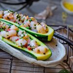 Phase 2 hCG Diet Seafood Recipe - 189 calories: Garlic Basil Shrimp in Roasted Zucchini Boats - hcgchicarecipes.com - protein + veggie meal