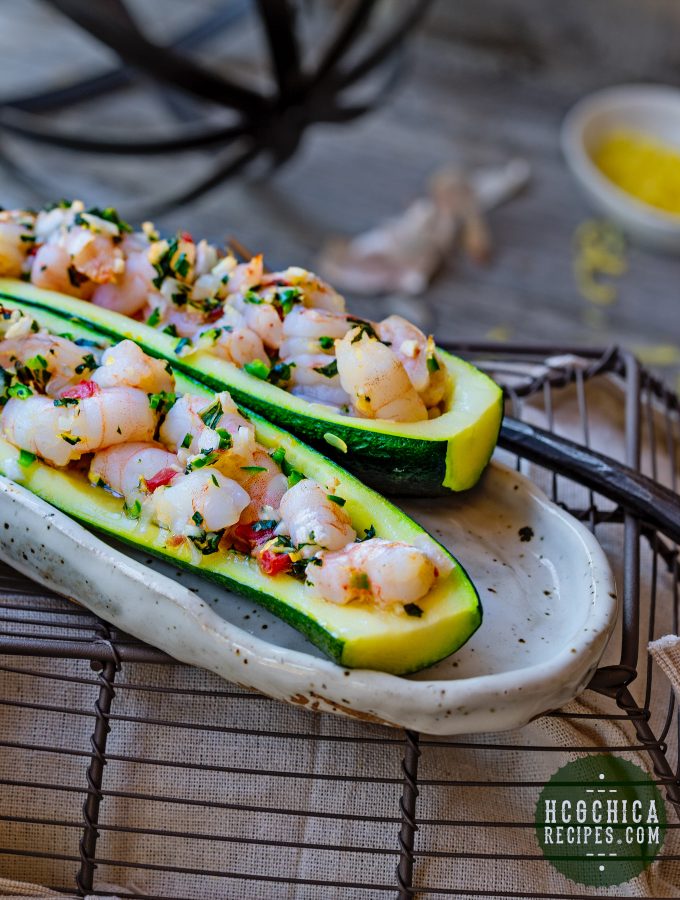 Phase 2 hCG Diet Seafood Recipe - 189 calories: Garlic Basil Shrimp in Roasted Zucchini Boats - hcgchicarecipes.com - protein + veggie meal