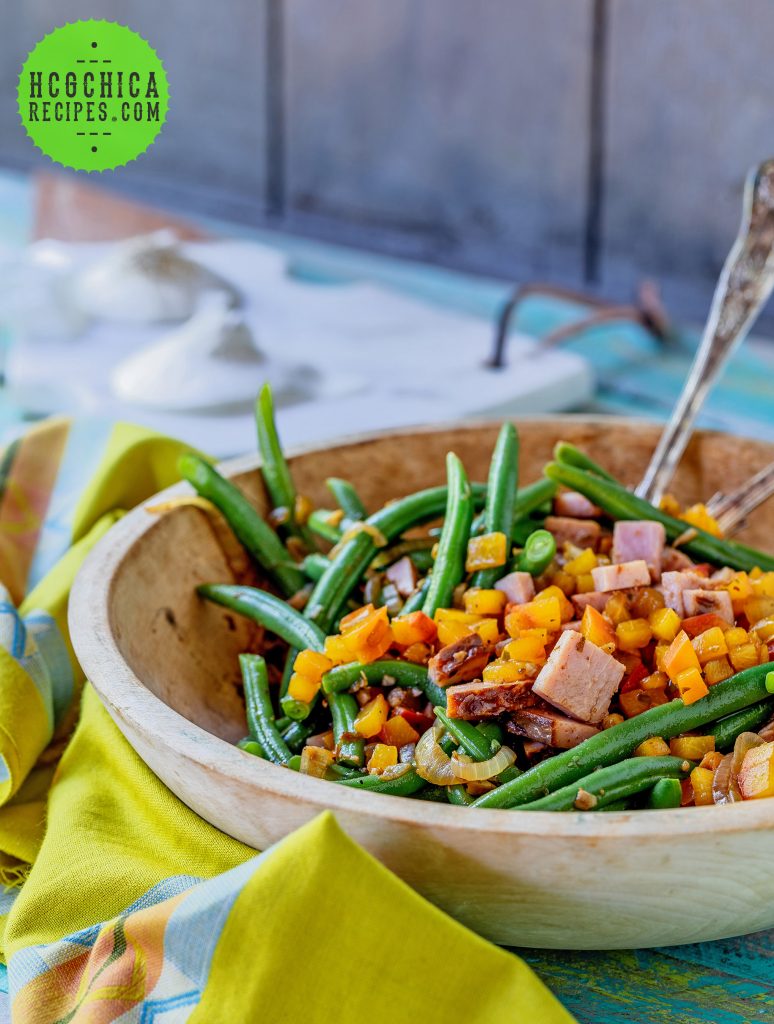 P2 hCG Diet Dinner Recipe: Green Bean Salad with Peaches & Ham - 224 calories - hcgchicarecipes.com - protein + veggie + fruit meal