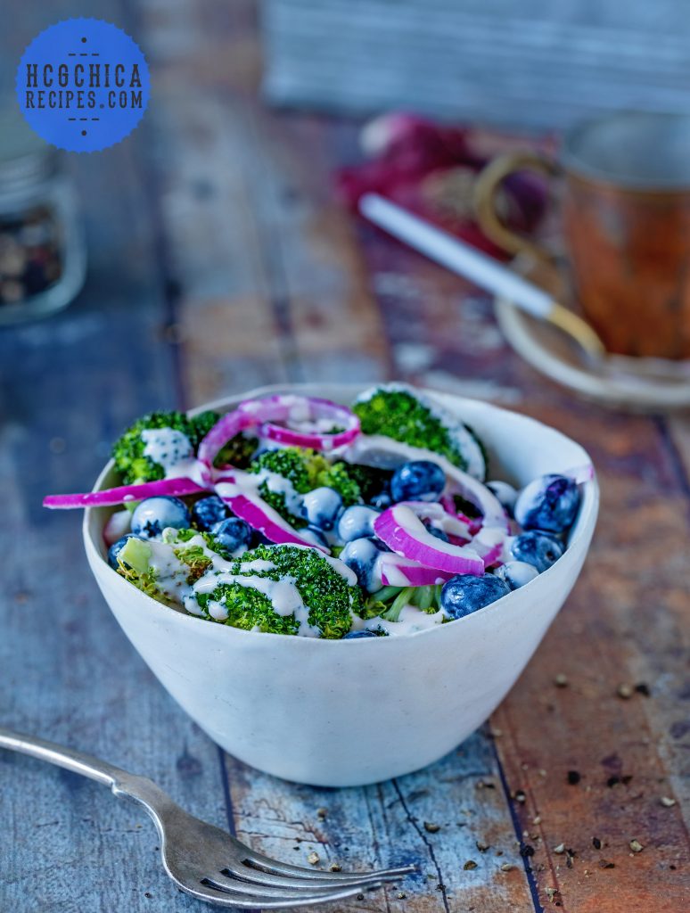 Phase 2 hCG Diet Recipe - 90 calories: Roasted Broccoli Blueberry Salad - hcgchicarecipes.com - veggie + 1/2 fruit meal