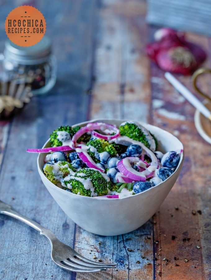 Phase 2 hCG Diet Recipe - 90 calories: Roasted Broccoli Blueberry Salad - hcgchicarecipes.com - veggie + 1/2 fruit meal