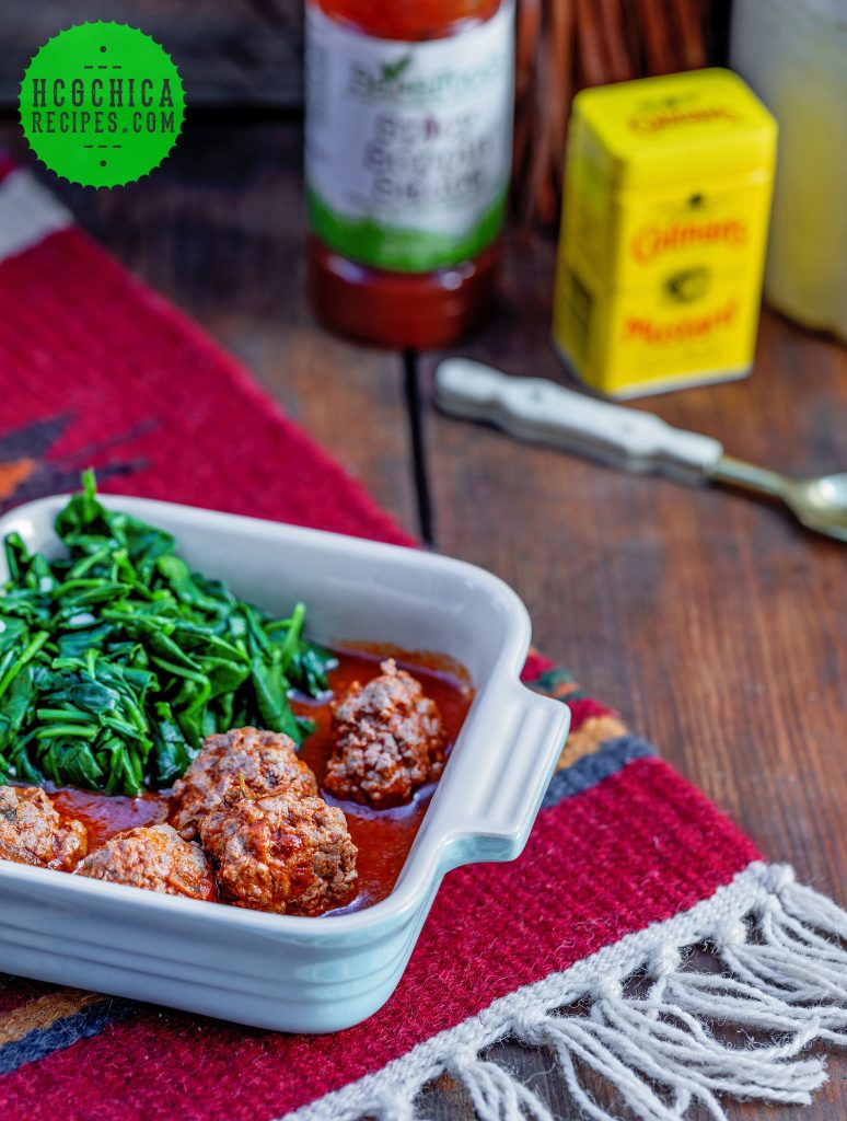 Phase 2 hCG Diet Beef Recipe: BBQ Meatballs & Garlic Spinach - 175 calories - hcgchicarecipes.com - protein + veggie meal