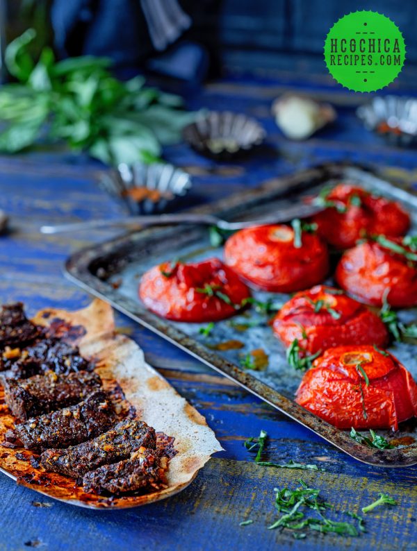 Phase 2 hCG Diet Beef Recipe - 190 calories: Lebanese Sirloin w/ Charred Tomatoes - hcgchicarecipes.com - protein + veggie meal