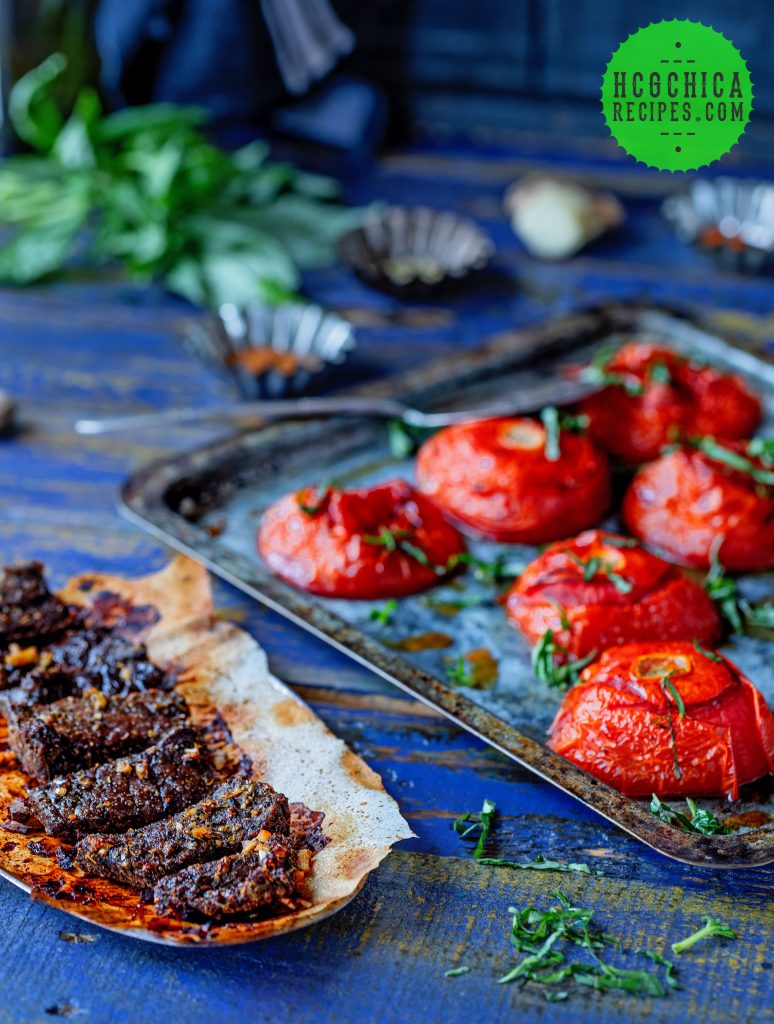 Phase 2 hCG Diet Beef Recipe - 190 calories: Lebanese Sirloin w/ Charred Tomatoes - hcgchicarecipes.com - protein + veggie meal