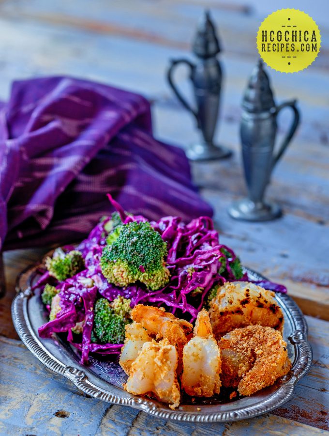 P2 hCG Diet Seafood Recipe: Popcorn Shrimp & Broccoli Slaw - 181 calories - hcgchicarecipes.com - protein + veggie meal
