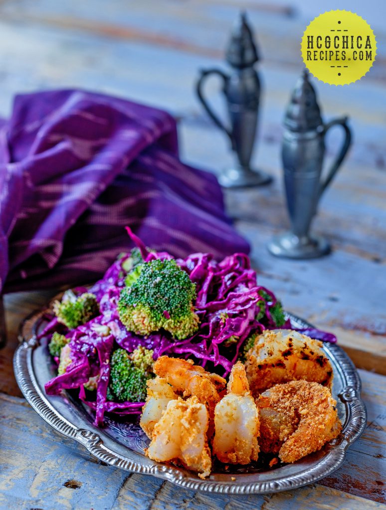 P2 hCG Diet Seafood Recipe: Popcorn Shrimp & Broccoli Slaw - 181 calories - hcgchicarecipes.com - protein + veggie meal