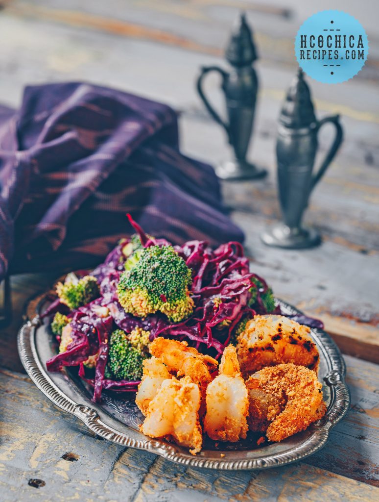 Phase 2 hCG Diet Seafood Recipe: Popcorn Shrimp & Broccoli Slaw - 181 calories - hcgchicarecipes.com - protein + veggie meal