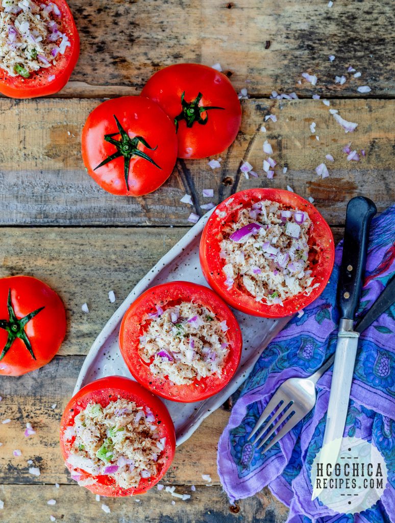 Phase 2 hCG Diet Seafood Recipe - 189 calories: Tuna Salad Stuffed Tomatoes - hcgchicarecipes.com - protein + veggie main meal