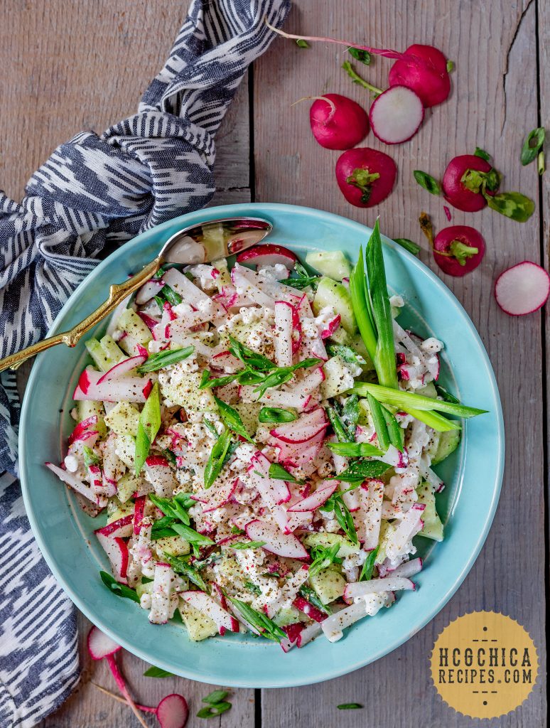 P2 hCG Diet Cottage Cheese Recipe: Creamy Cucumber & Radish Salad - 138 calories - hcgchicarecipes.com - protein + veggie meal 