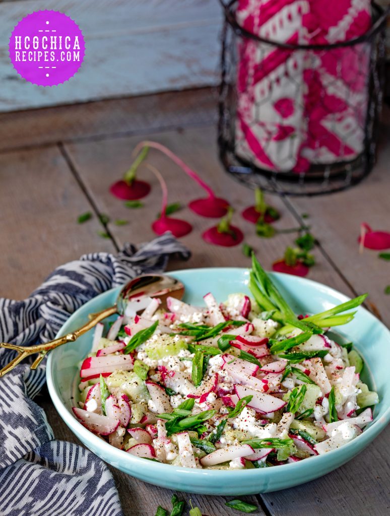 Phase 2 hCG Diet Cottage Cheese Recipe: Creamy Cucumber & Radish Salad - 138 calories - hcgchicarecipes.com - protein + veggie meal 