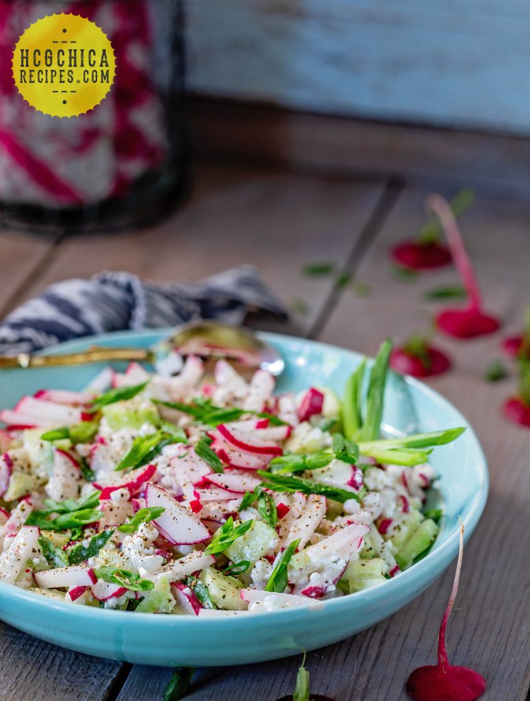 P2 hCG Diet Cottage Cheese Recipe: Creamy Cucumber & Radish Salad - 138 calories - hcgchicarecipes.com - protein + veggie meal 