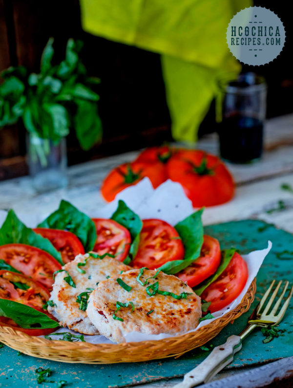 Phase 2 hCG Diet - Tomato and Basil Stuffed Chicken Burgers - 155 calories - hcgchicarecipes.com - protein veggie meal