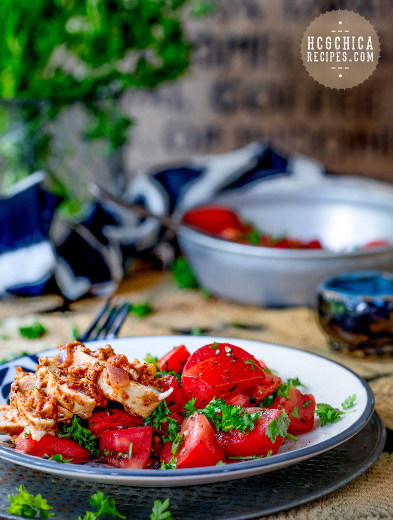 189 calories - P2 Diet hCG Main Meal Recipe: Dijon Chicken with Tomato Parsley Salad - hcgchicarecipes.com - veggie + protein