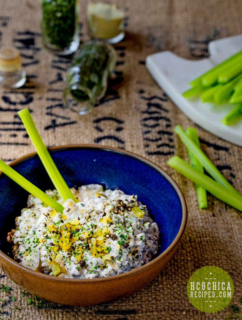 145 calories - P2 hCG Protocol Breakfast Recipe: Dill Pickle Dip with Celery and Cottage Cheese- hcgchicarecipes.com - alternative protein