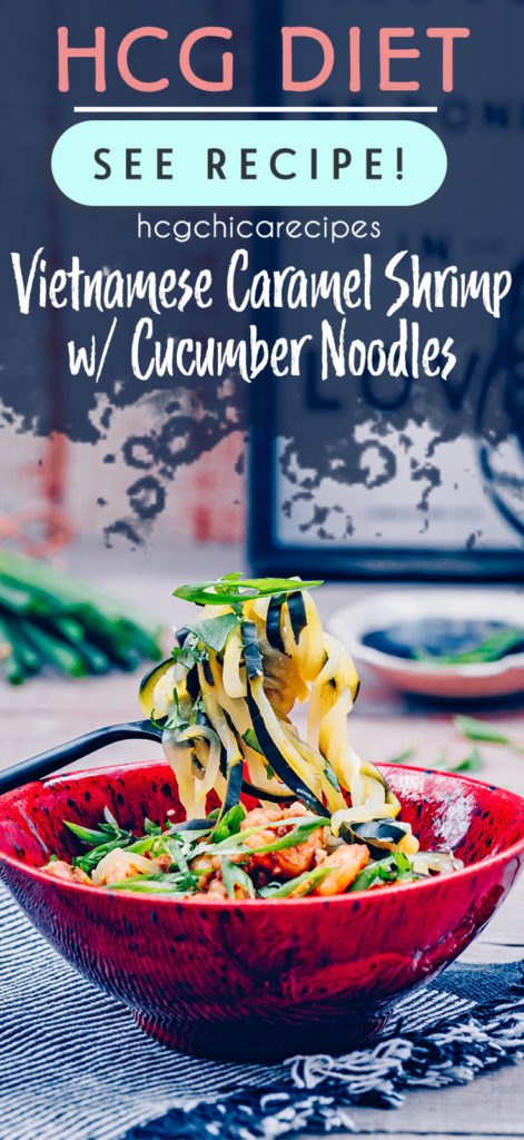Phase 2 hCG Diet Dinner Recipe: Vietnamese Caramel Shrimp with Cucumber Noodles - 151 calories - hcgchicarecipes.com - protein + veggie meal