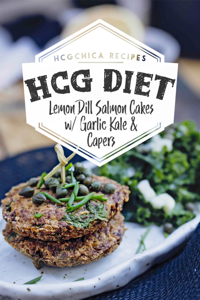 P2 hCG Protocol Main Meal Recipe: Lemon Dill Salmon Cakes w/ Garlic Kale & Capers - 185 calories - hcgchicarecipes.com - protein + veggie meal